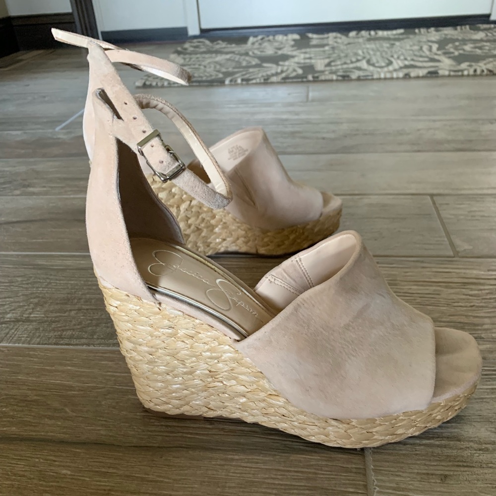 Open-toe suede sandal with straw wedge heel